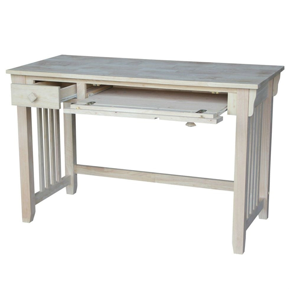 Unfinished wood computer desk with pull-out keyboard tray and drawer, ideal for home or office workspace.