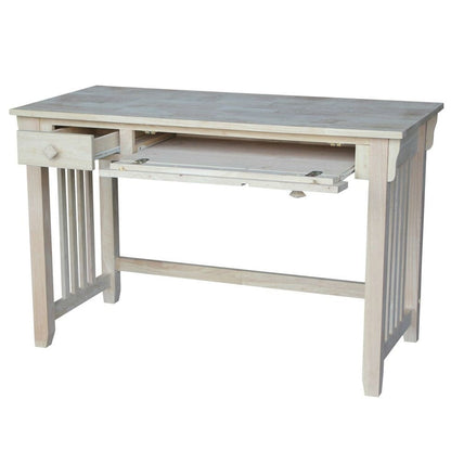 Unfinished wood computer desk with pull-out keyboard tray and drawer, ideal for home or office workspace.