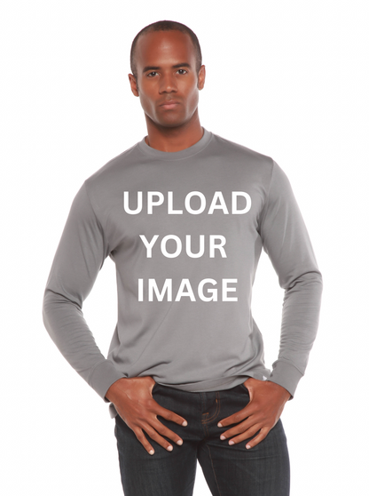 Custom printed men's long sleeve T-shirt by Spun Bamboo made from bamboo viscose and organic cotton, featuring a unique design.