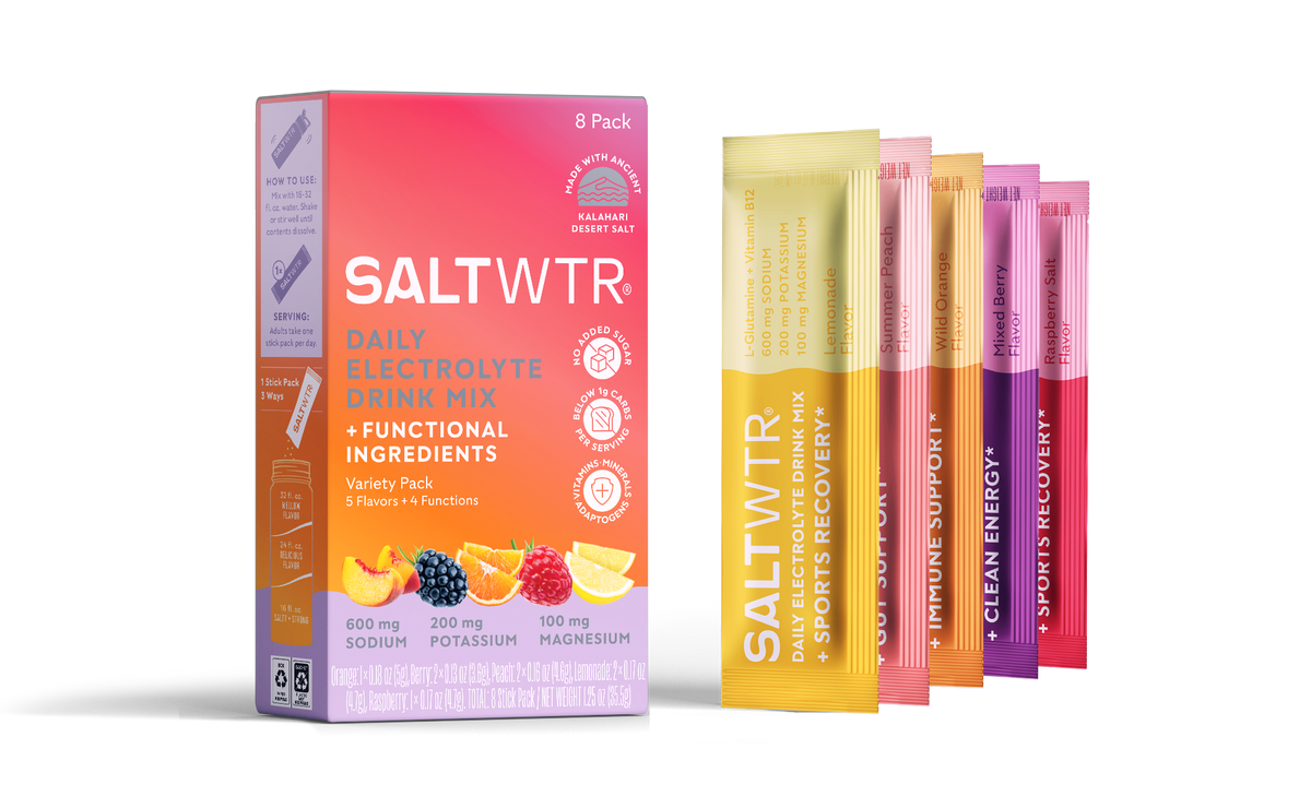SaltWTR Variety Pack with eight transparent bottles of flavored electrolyte salts, showcasing different colorful labels.