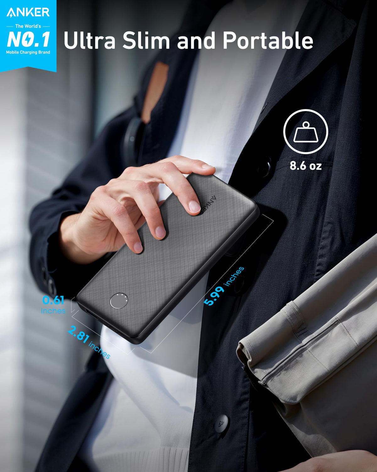 Anker PowerCore 10K 313 portable power bank with USB-C input and output in black, designed for charging devices on the go.