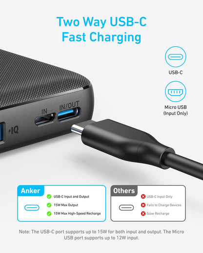 Anker PowerCore 10K 313 portable power bank with USB-C input and output in black, designed for charging devices on the go.
