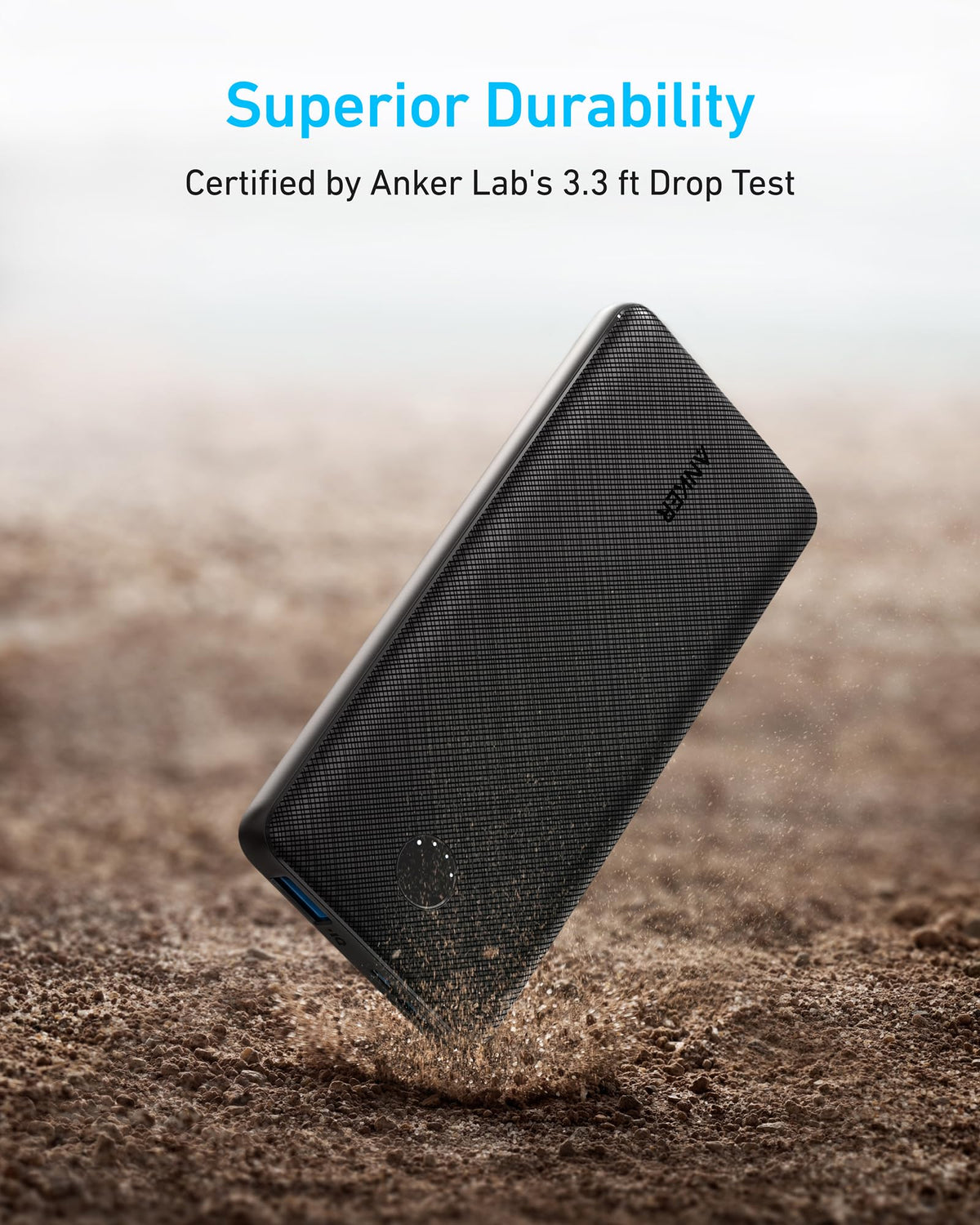 Anker PowerCore 10K 313 portable power bank with USB-C input and output in black, designed for charging devices on the go.