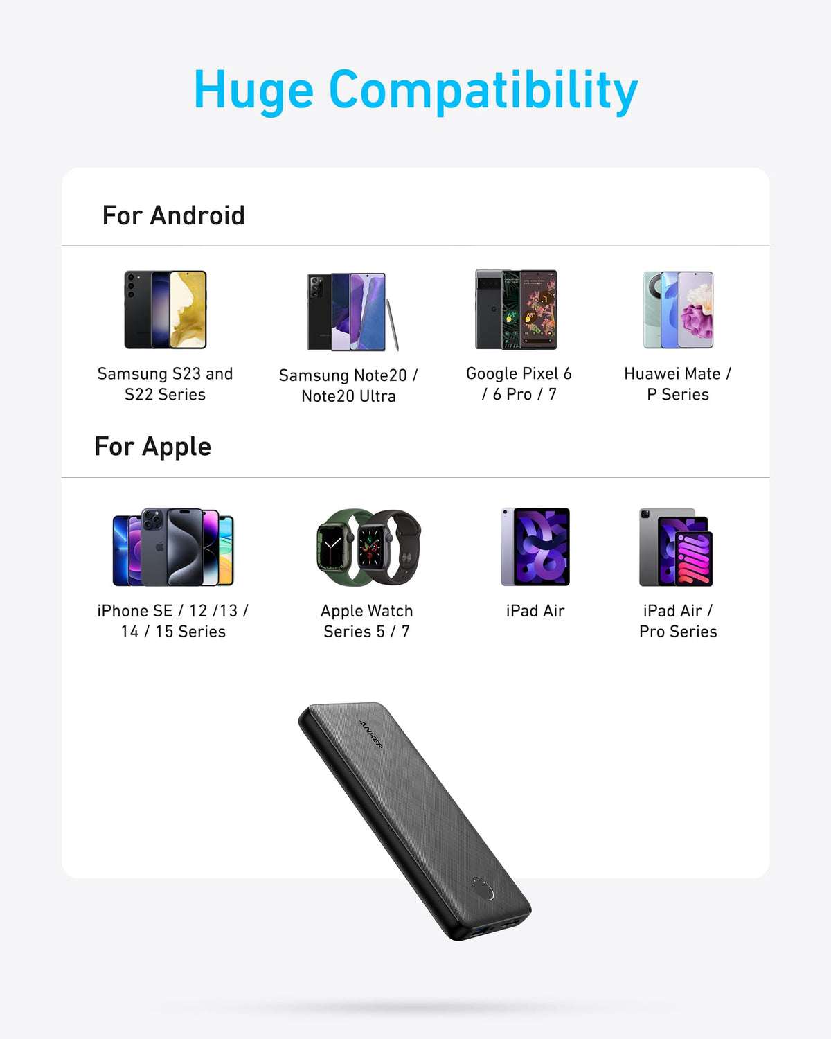 Anker PowerCore 10K 313 portable power bank with USB-C input and output in black for charging devices on the go.