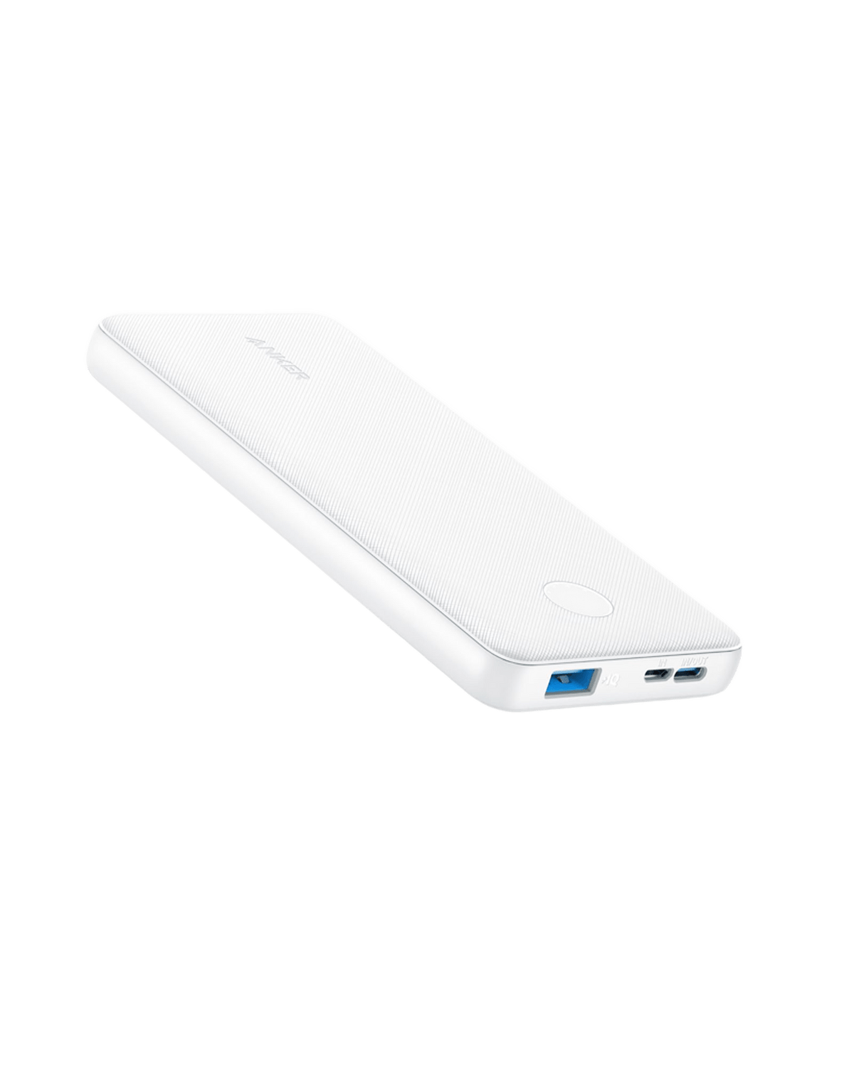 Anker PowerCore 10K 313 portable power bank with USB-C input and output ports in white for charging devices.