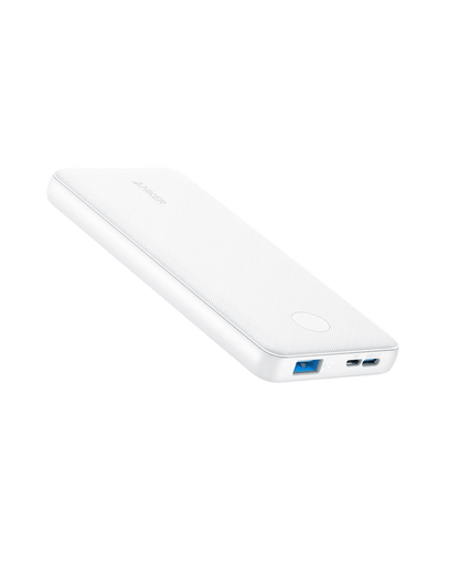 Anker PowerCore 10K 313 portable power bank with USB-C input and output ports in white for charging devices.