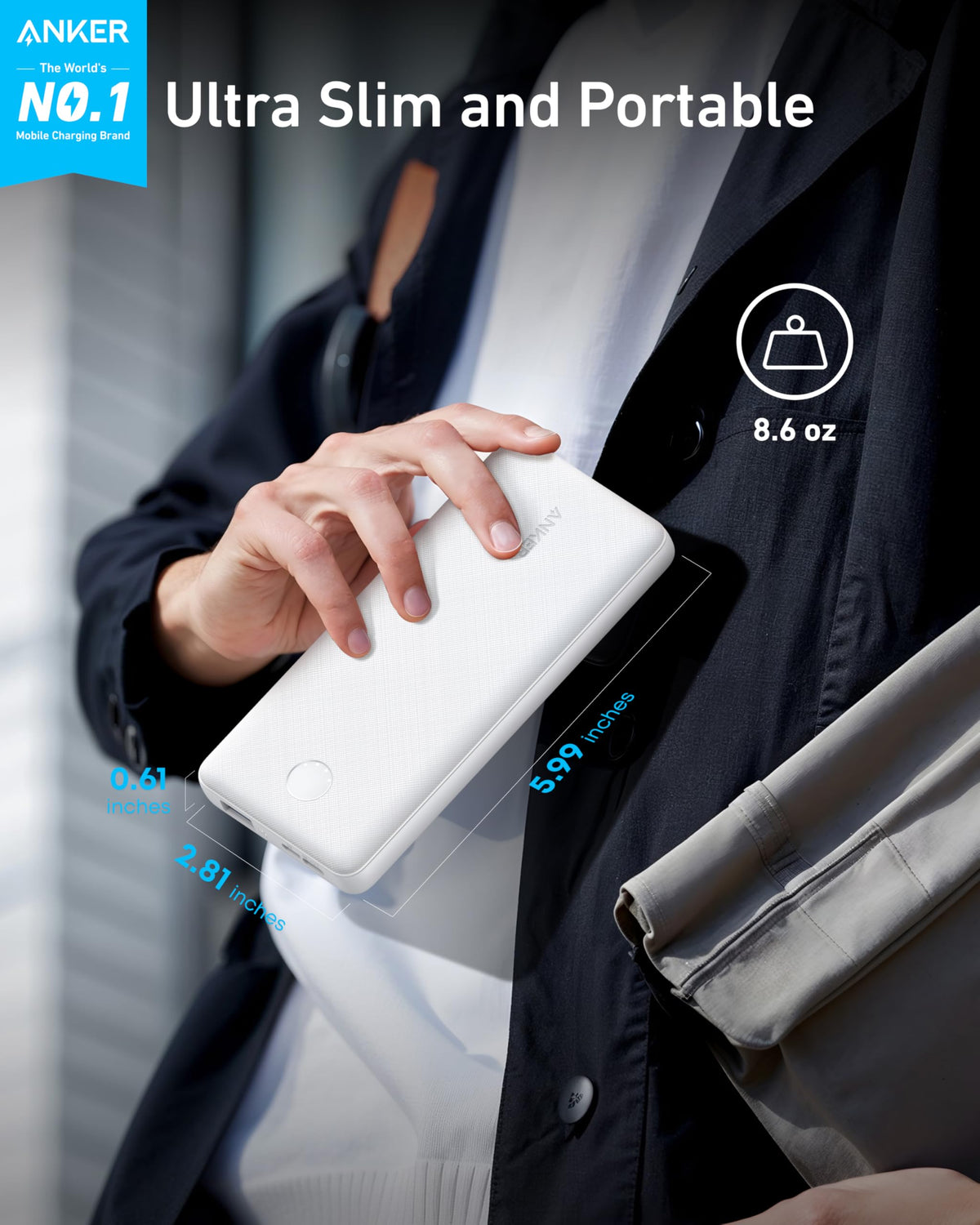 Anker 313 PowerCore 10K white portable power bank with USB-C input and output for charging devices