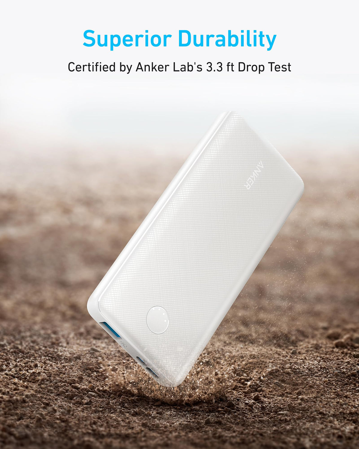 Anker 313 PowerCore 10K portable power bank with white USB-C input and output ports for charging devices.
