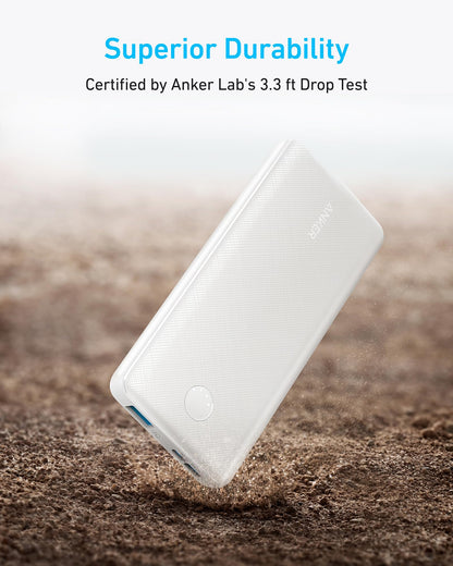 Anker 313 PowerCore 10K portable power bank with white USB-C input and output ports for charging devices.