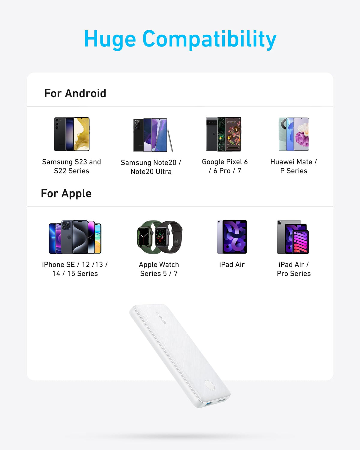 White Anker PowerCore 10K 313 portable power bank with USB-C input and output, compact and lightweight for on-the-go charging.