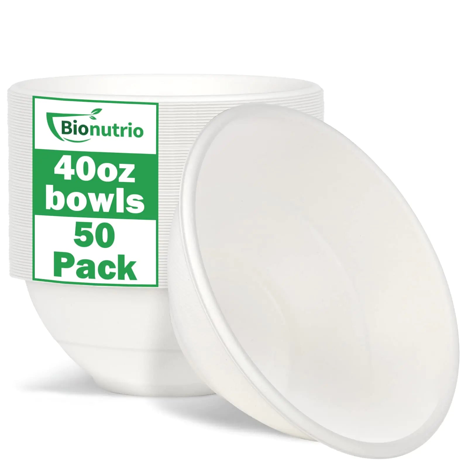 Bionutrio 40oz Large Disposable Bowls 50 Pack Compostable Paper Bowls Heavy Duty Bowls For Hot Soup White Bagasse Bowls Microwavable Safe Bowls For Salad Cereals Snacks