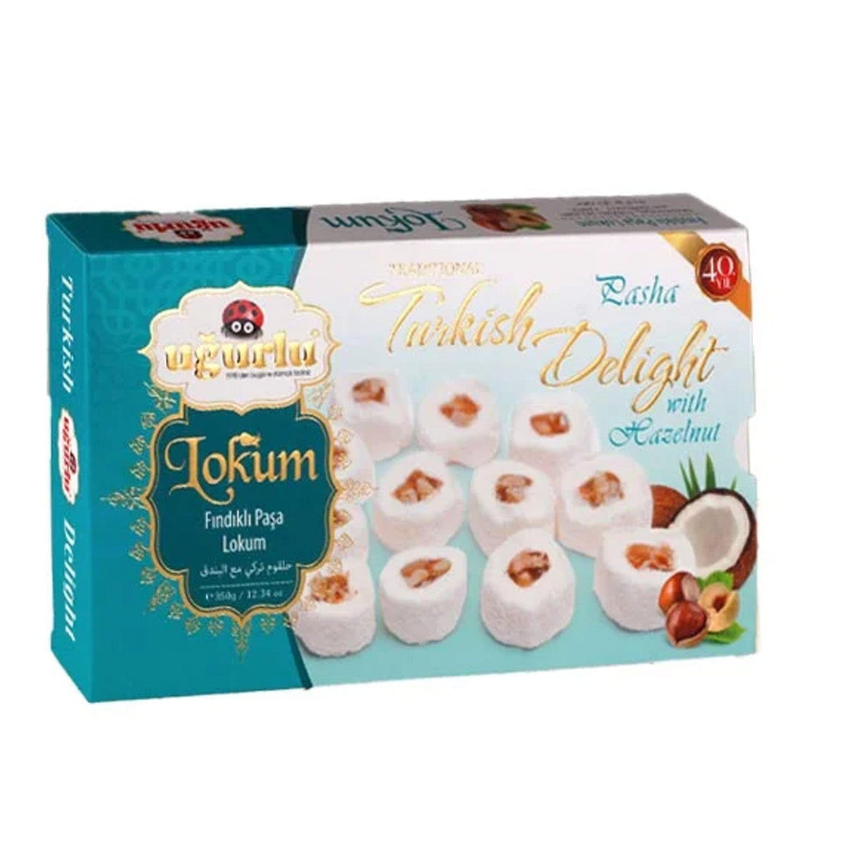 Turkish delight Ugurlu Findikli Pasa 350G from S101, showing soft, nut-filled Turkish delight pieces in a clear view.