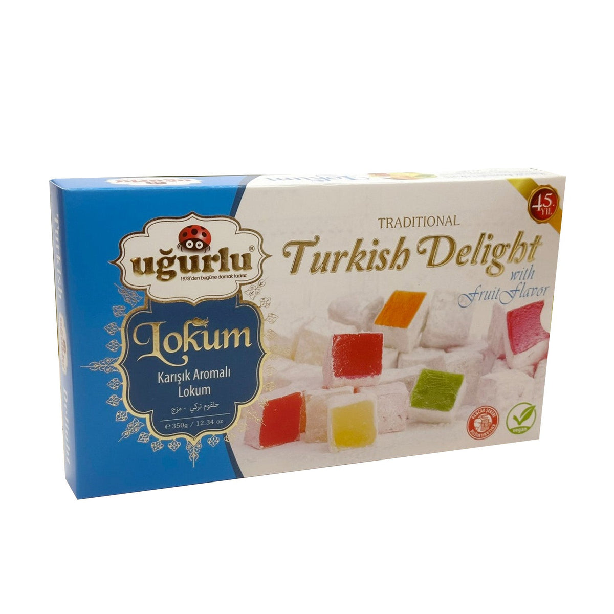 Turkish Delight Ugurlu Meyveli Lokum by S101, 350g box with colorful fruit-flavored jelly cubes and powdered sugar coating.
