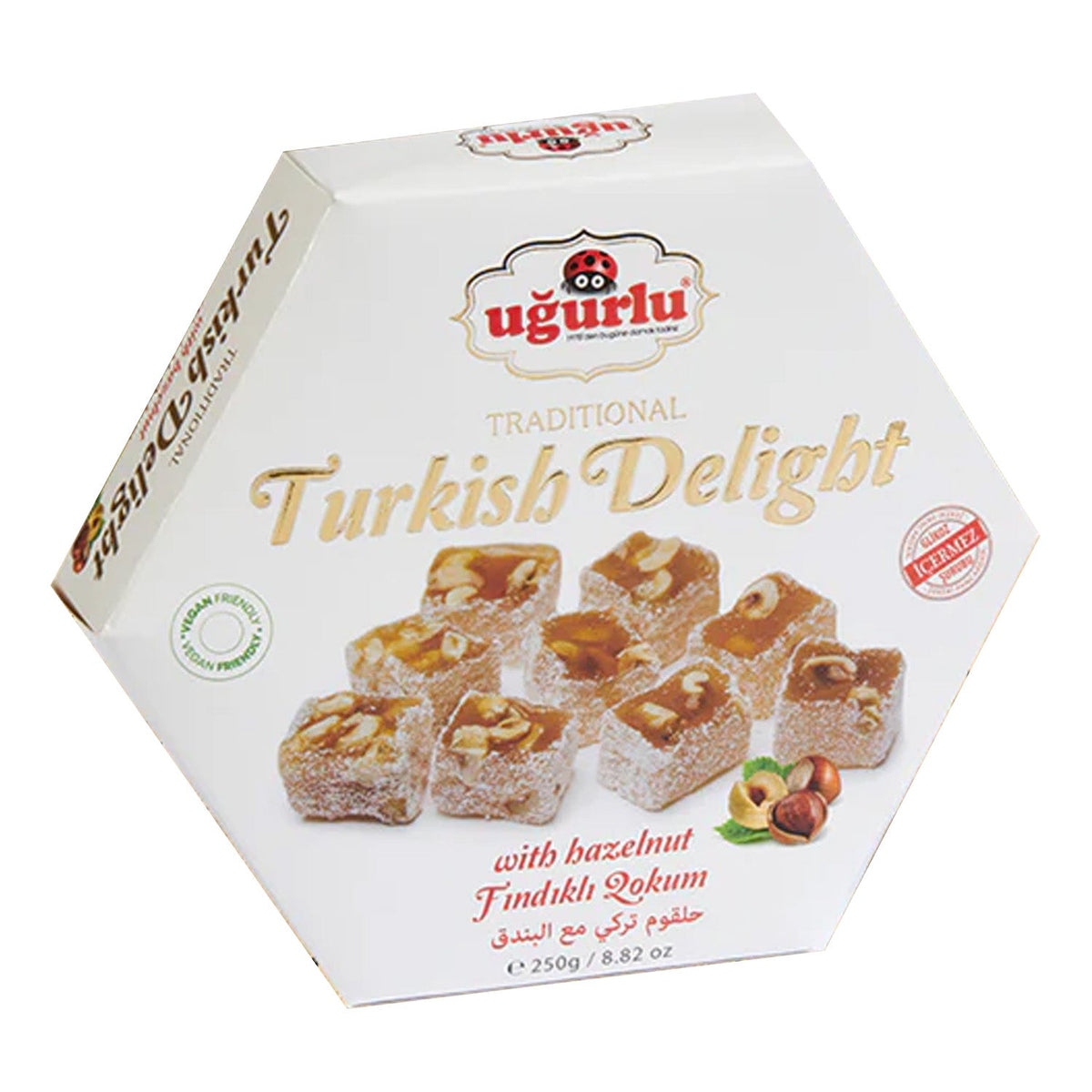 Turkish delight S101 Ugurlu Altigen Hazelnut 250g with colorful layered squares and visible hazelnut pieces in each piece.