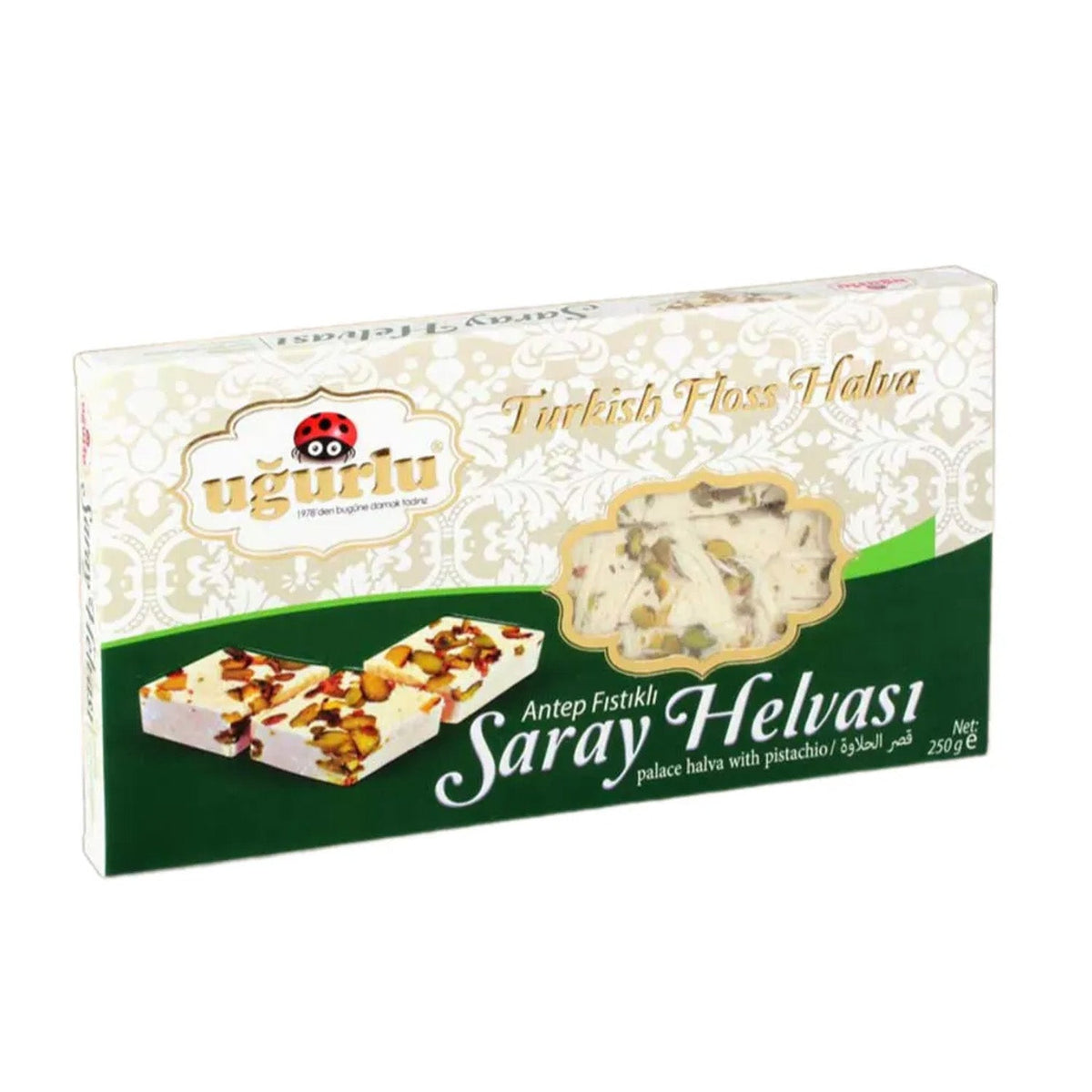 S101 Ugurlu Pista Saray Halva 250g with pistachio pieces and creamy texture in a clear view of the packaged halva.