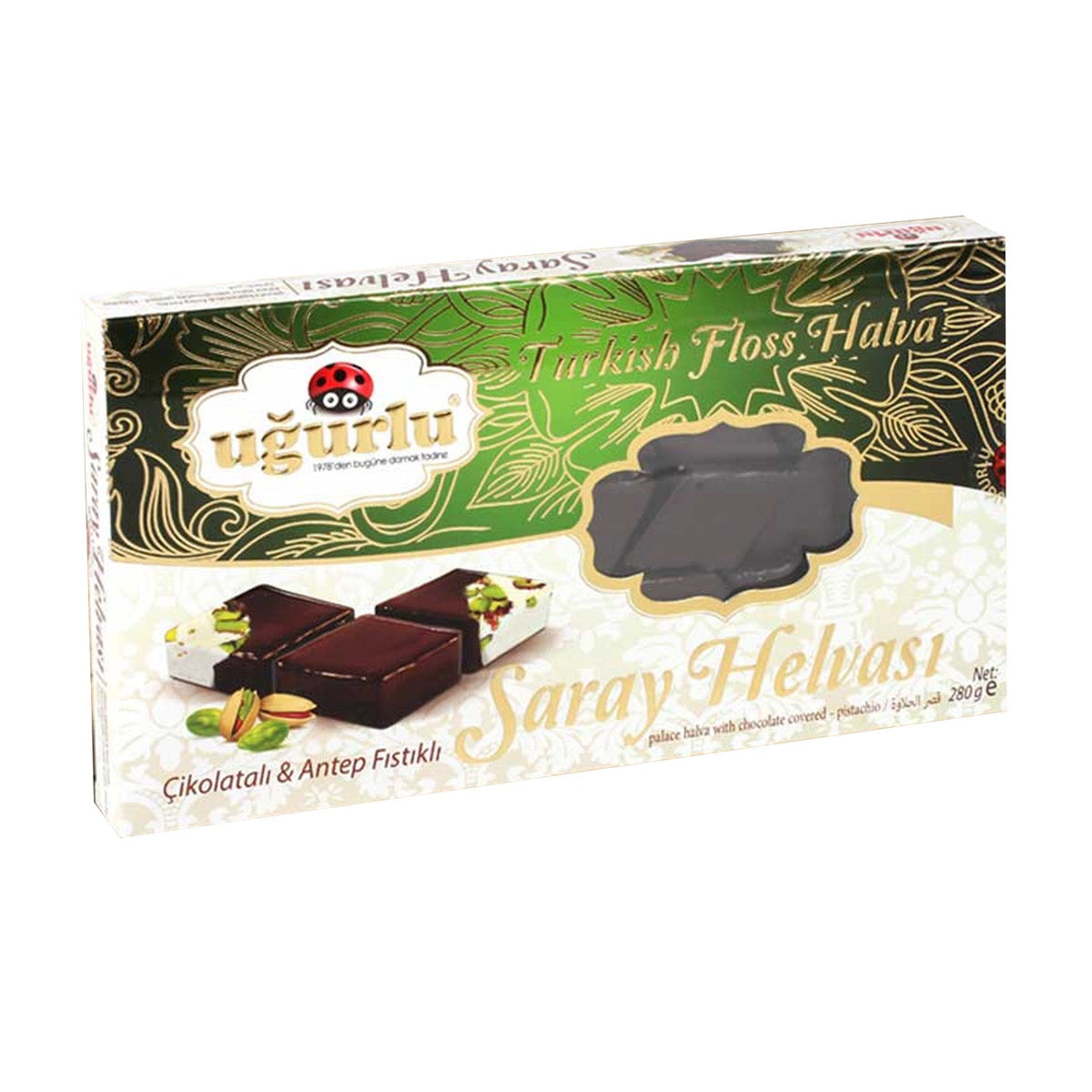 S101 Ugurlu Saray pistachio halva in a 280g package, showing the creamy, textured halva with chopped pistachios on top.