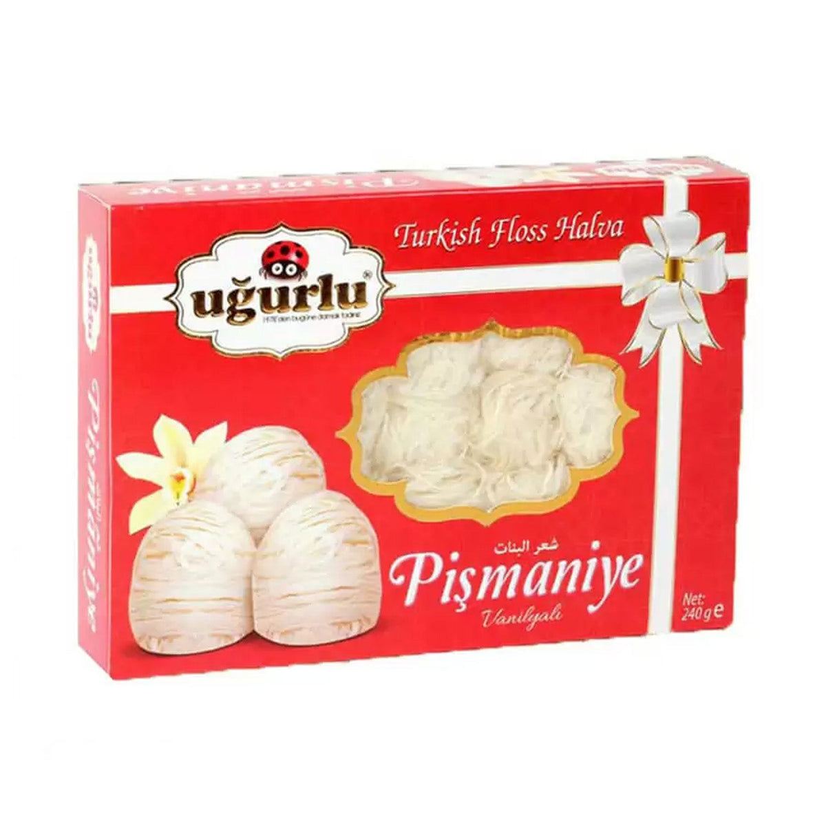 Ugurlu S101 Vanilya Pismaniye 240g, soft Turkish dessert with vanilla flavor, displayed in a clear packaging with a close-up view.