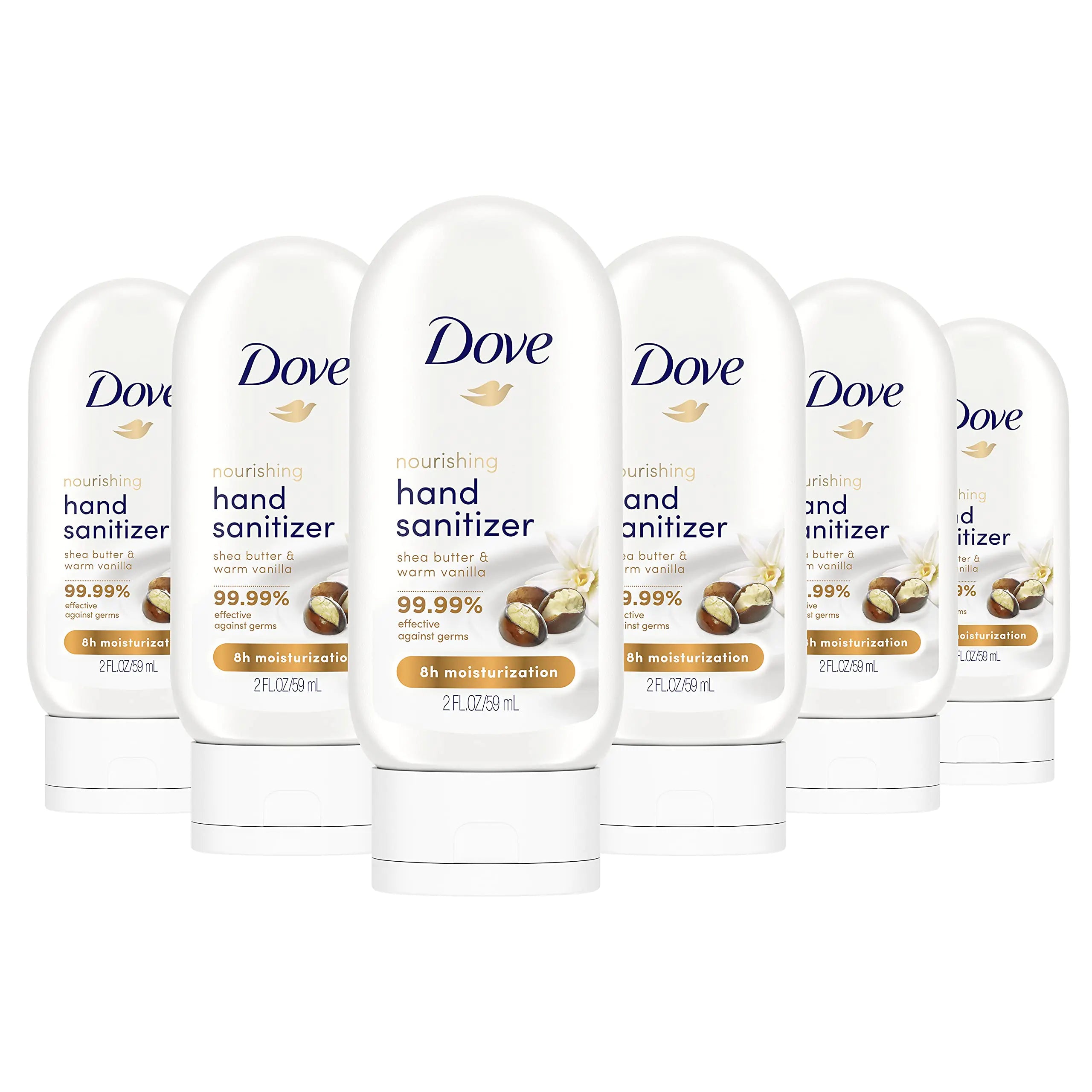 Dove Nourishing Hand Sanitizer 99.99 percent Effective Against Germs Shea Butter and Warm Vanilla Antibacterial Gel with 61 percent Alcohol and Lasting Moisturization For Up to 8 Hours 2 oz 6 Count