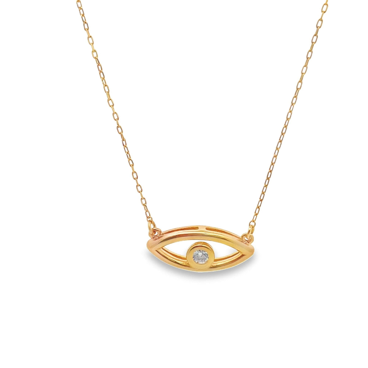 MIA Jewelry evil eye pendant necklace with CZ stones, showcasing a simple, protective design on a silver chain.
