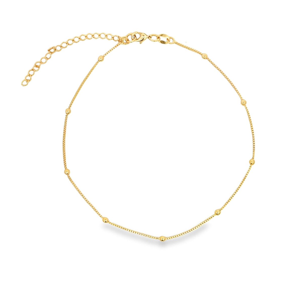 MIA Jewelry box chain anklet with round ball charms, featuring a delicate silver design on a slim anklet chain.
