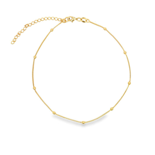 MIA Jewelry box chain anklet with round ball charms, featuring a delicate silver design on a slim anklet chain.
