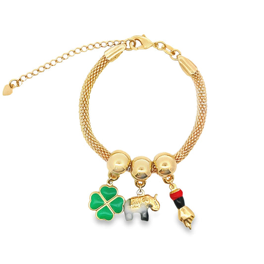 Beaded green clover and elephant Figa hand charms bracelet by MIA Jewelry, featuring colorful beads and intricate charm details.