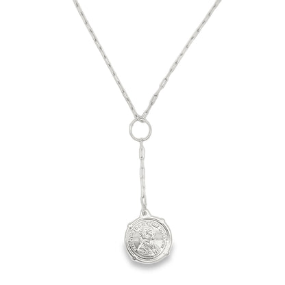 MIA Jewelry 3mm paperclip chain necklace with dangle coin pendant, showcasing a stylish and elegant jewelry piece.