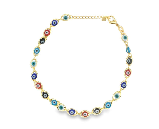 Colorful evil eye charms anklet with 18K gold filled chain from MIA Jewelry, featuring vibrant multi-color beads and intricate design.