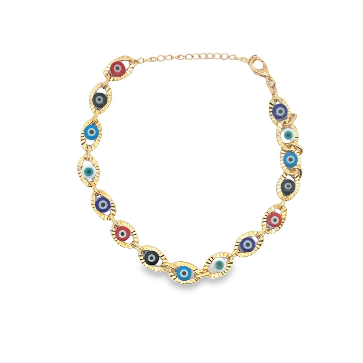 Colorful evil eye bracelet by MIA Jewelry featuring large multi-color beads and a protective charm on a stretch band.