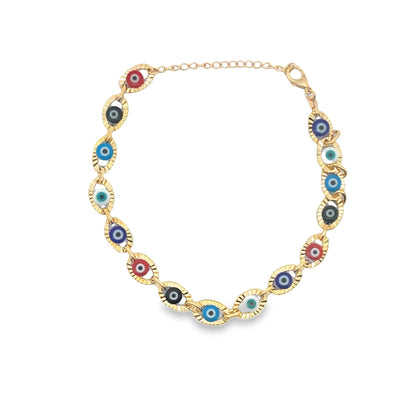 Colorful evil eye bracelet by MIA Jewelry featuring large multi-color beads and a protective charm on a stretch band.