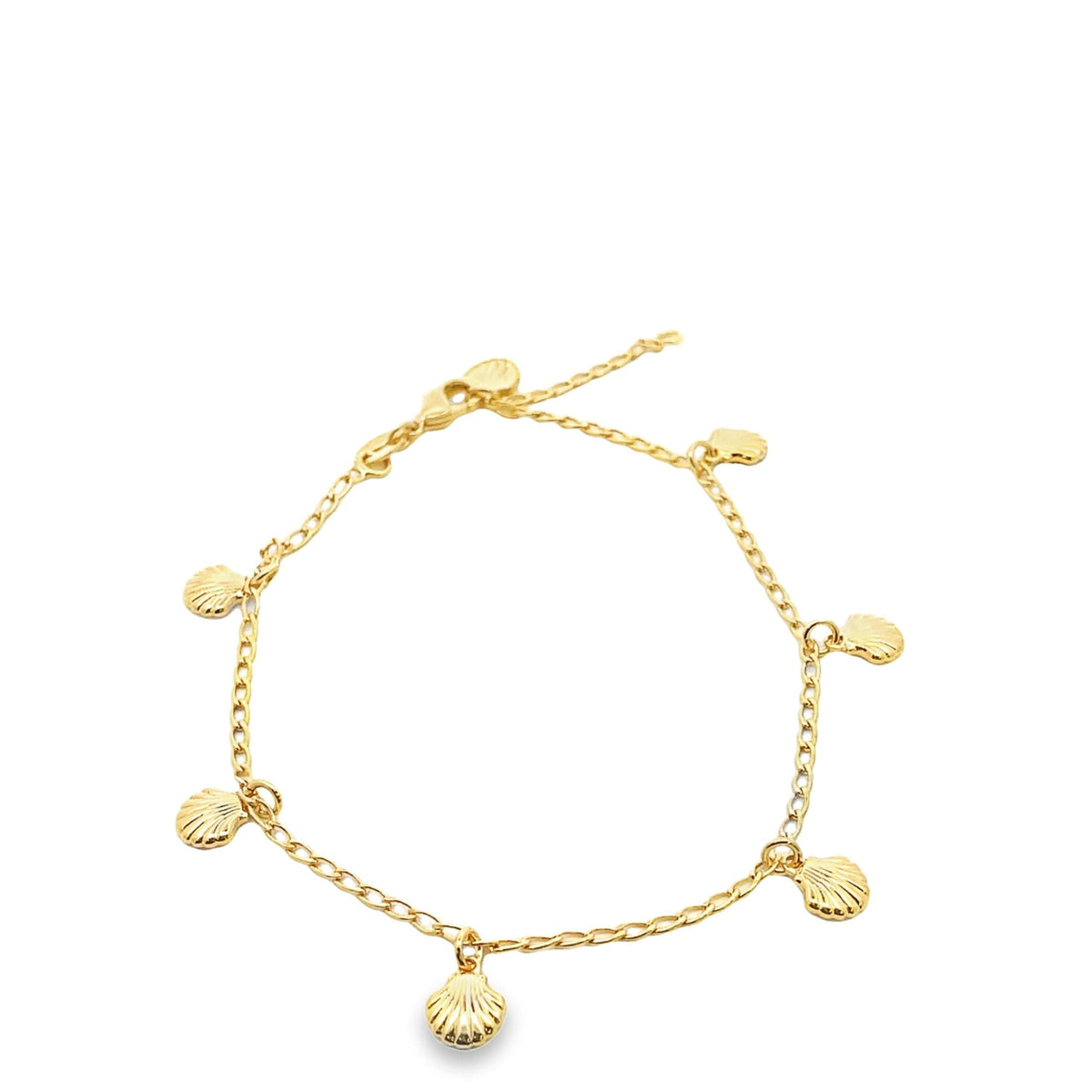 18K gold filled beach sea shells charm anklet by MIA Jewelry, featuring delicate shell charms on a gold chain.