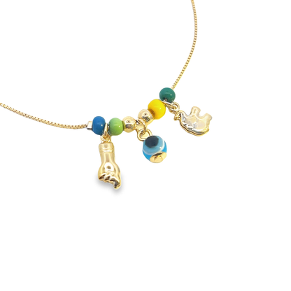 18K gold filled elephant and evil eye charms anklet with beads, from MIA Jewelry, featuring detailed charm and beaded design.
