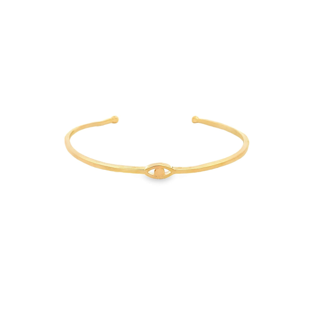 Minimalist evil eye open cuff bracelet bangle by MIA Jewelry featuring a sleek design and protective evil eye charm.