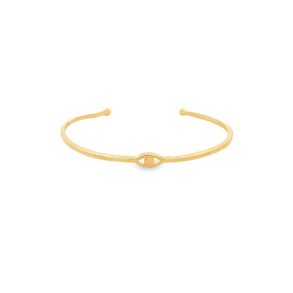 Minimalist evil eye open cuff bracelet bangle by MIA Jewelry featuring a sleek design and protective evil eye charm.