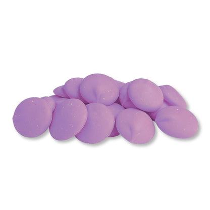Purple vanilla-flavored Candy In Bulk chocolate coating and melting wafers in a bulk bag, ready for baking or candy making.