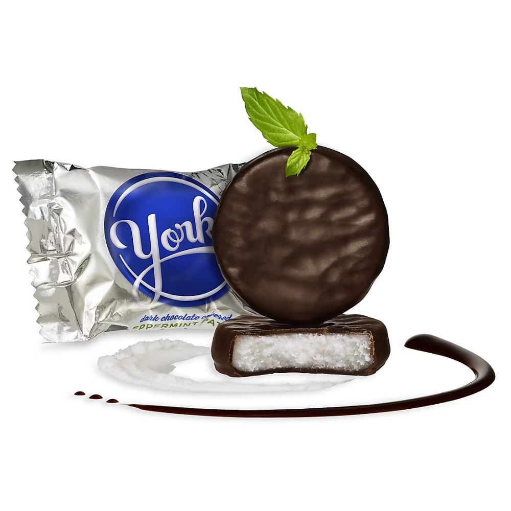 Dark chocolate York Peppermint Patties in snack size, shown in a bulk value bag by Candy In Bulk.
