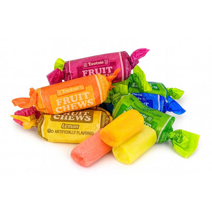 Assorted Tootsie Roll Fruit Chews candy from Candy In Bulk in a bulk value bag, showcasing colorful fruit-flavored chewy candies.
