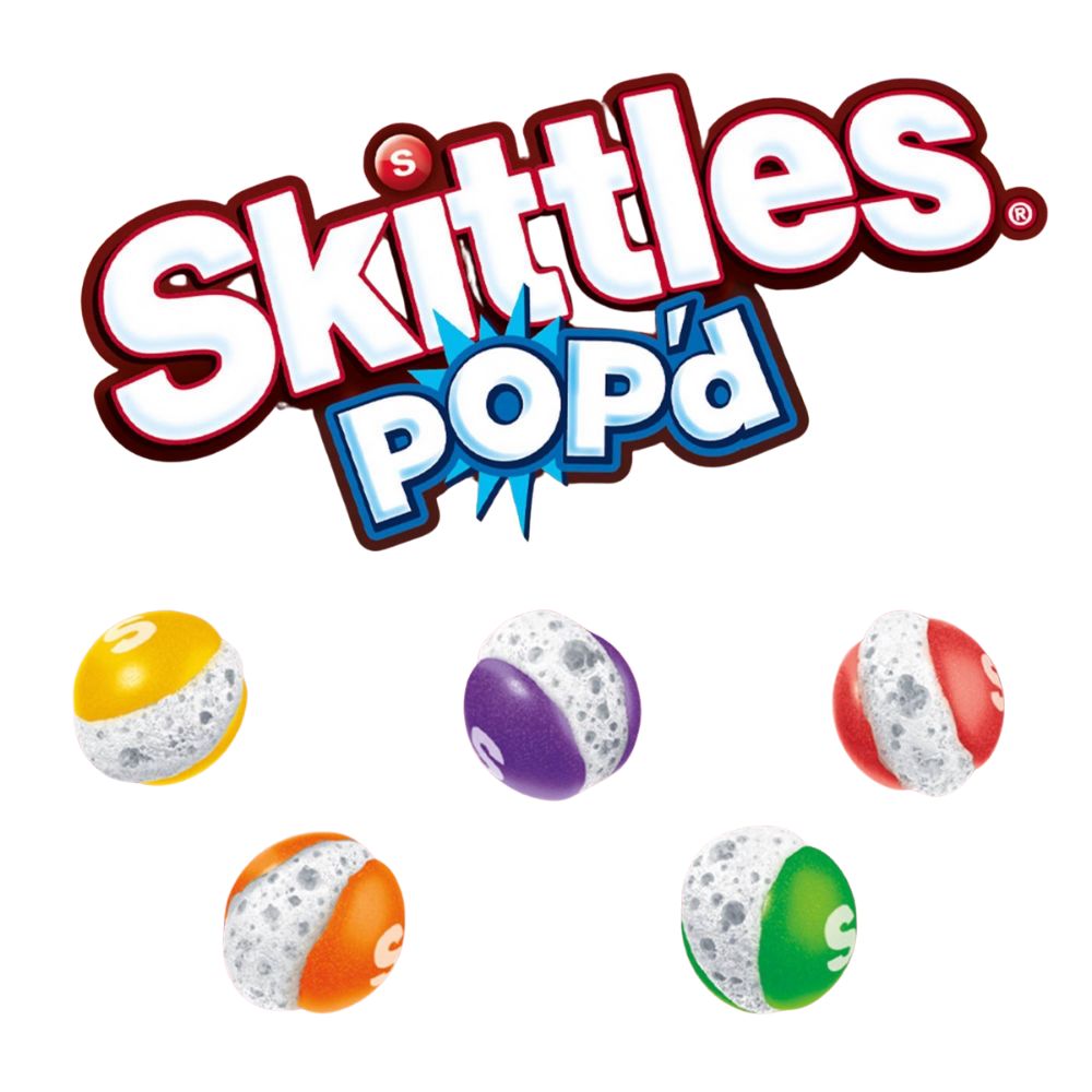 Assorted Skittles POP'd freeze-dried candy in a bulk value bag, colorful pieces from Candy In Bulk on a white background.