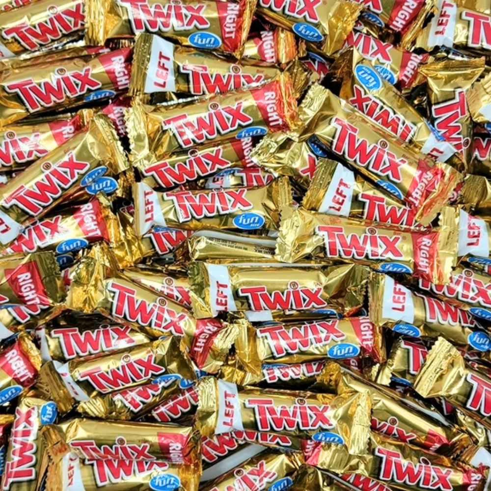Chocolate Twix Mini caramel cookie bars from Candy In Bulk in a bulk value bag, showing the individually wrapped caramel and chocolate treats.