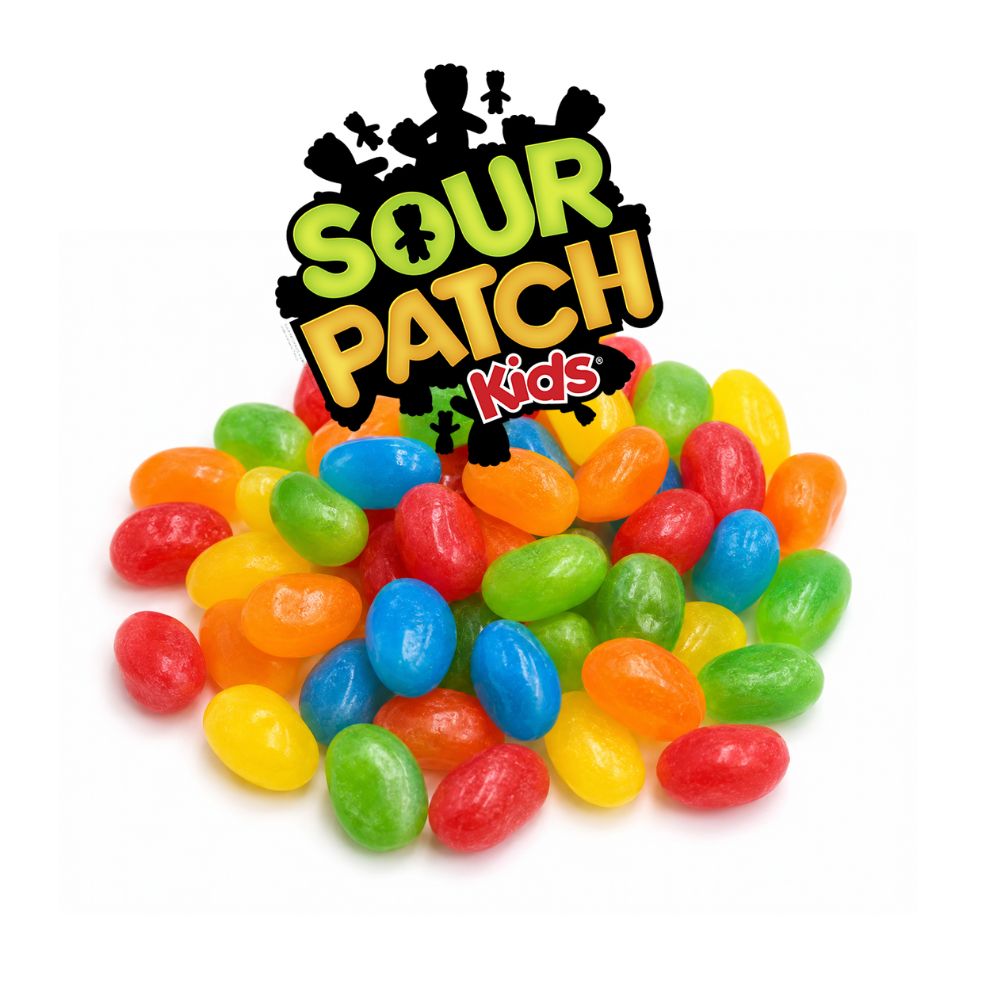 Colorful Sour Patch Kids Jelly Beans in a bulk Candy In Bulk bag, showing vibrant, chewy candies with sour and sweet flavors.