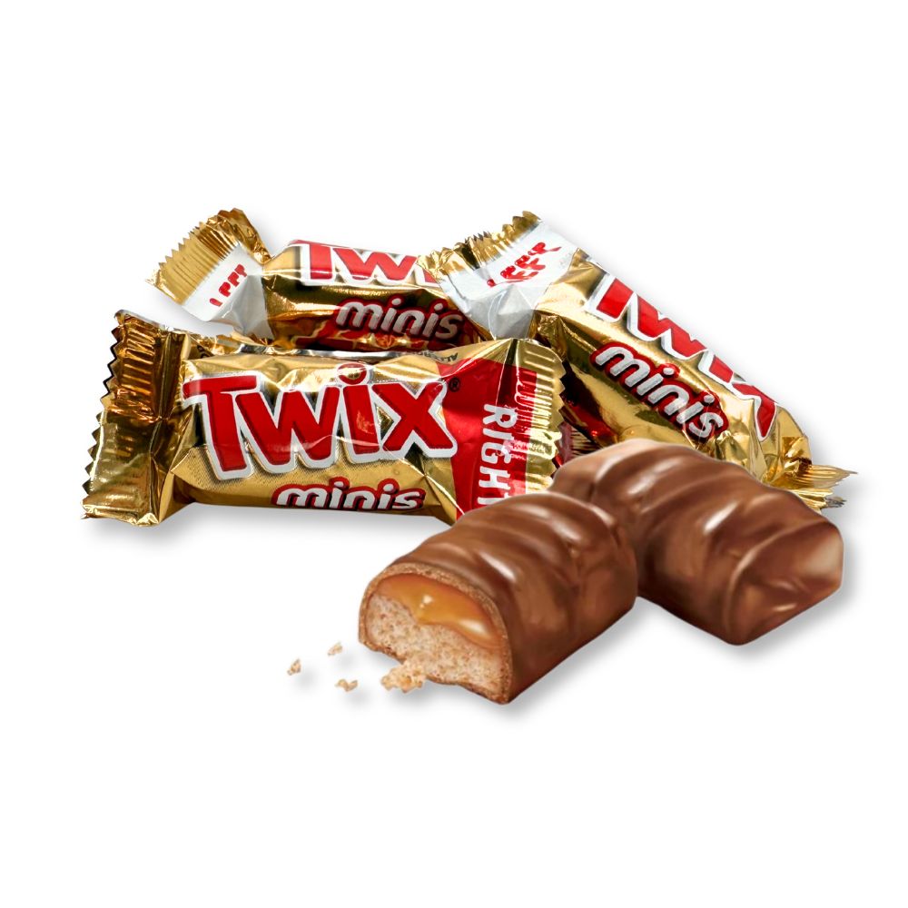 Chocolate Twix Mini caramel cookie bars from Candy In Bulk in a bulk value bag, showing the chocolate-coated snack with caramel and cookie layers.