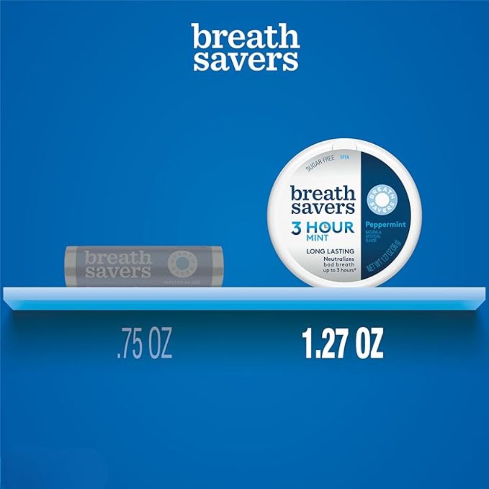 Candy In Bulk Breath Savers mint mints in a 1.27 oz tin, sugar-free peppermint flavor, shown in a compact metal container.