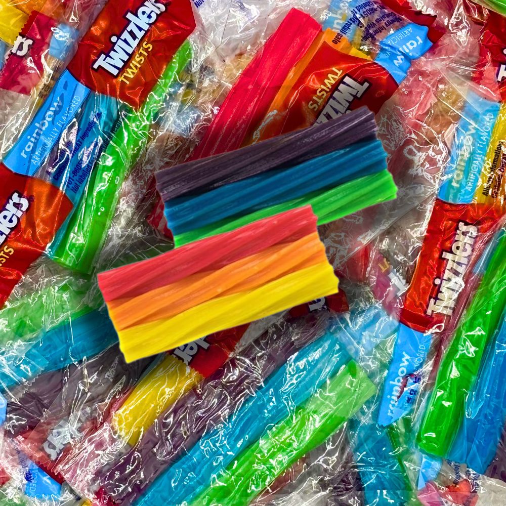 Colorful Twizzlers Rainbow Twists licorice candies in a bulk value bag, individually wrapped, from Candy In Bulk.