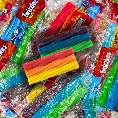 Colorful Twizzlers Rainbow Twists licorice candies in a bulk value bag, individually wrapped, from Candy In Bulk.