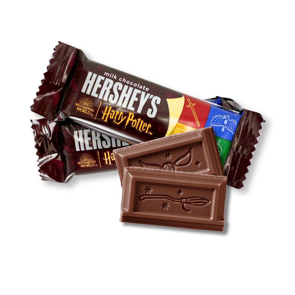 Hershey's Milk Chocolate Harry Potter snack size bars in a bulk Candy In Bulk package on a white background.