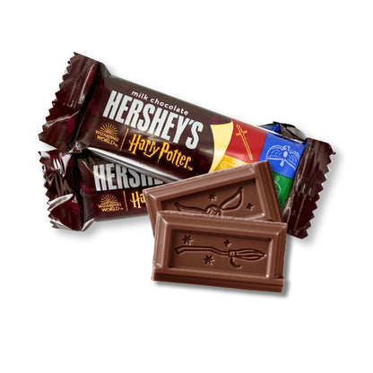 Hershey's Milk Chocolate Harry Potter snack size bars in a bulk Candy In Bulk package on a white background.