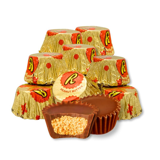 Assorted Reese's Miniature Milk Chocolate and Peanut Butter Cups in a bulk Candy In Bulk bag on a white background.