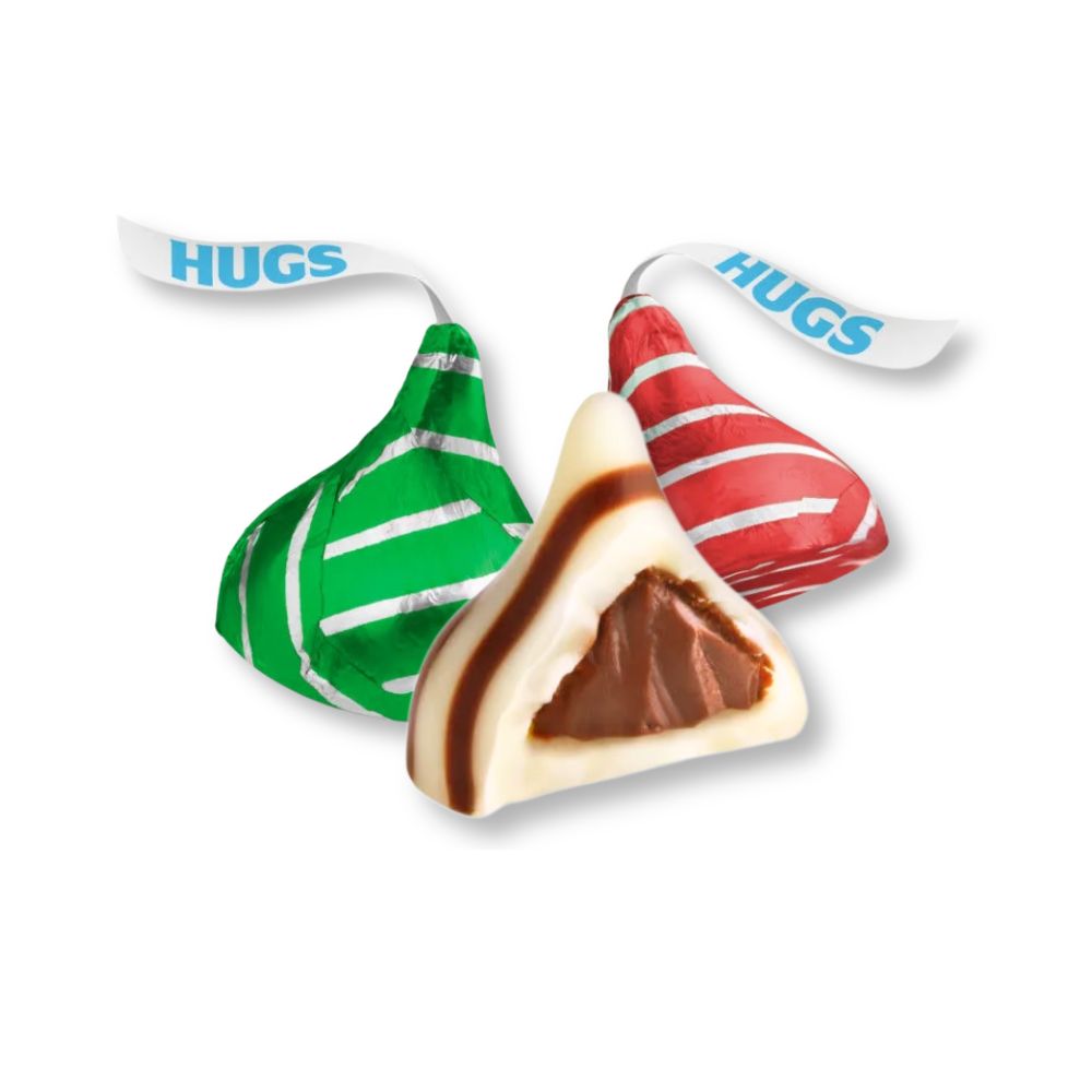 Hershey's Hugs milk chocolate kisses with white creme in a bulk Candy In Bulk bag, showing the chocolate and white creme hugging.