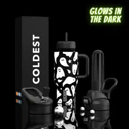 Coldest 24oz Limitless Ultra V8 insulated tumbler with black lid and colorful design, ideal for keeping beverages hot or cold.