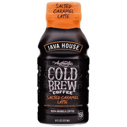 Java House salted caramel latte cold brew 8oz bottles, pack of 12, showcasing the bottled drinks with salted caramel flavor